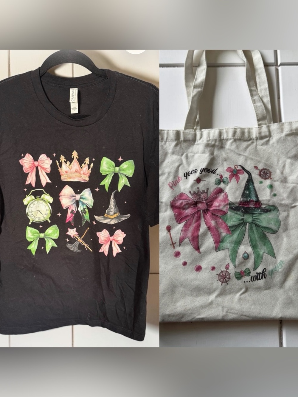 Witchy Coquette Bow Set Graphic Tee L Canvas Tote Pink Green Witch Wicked